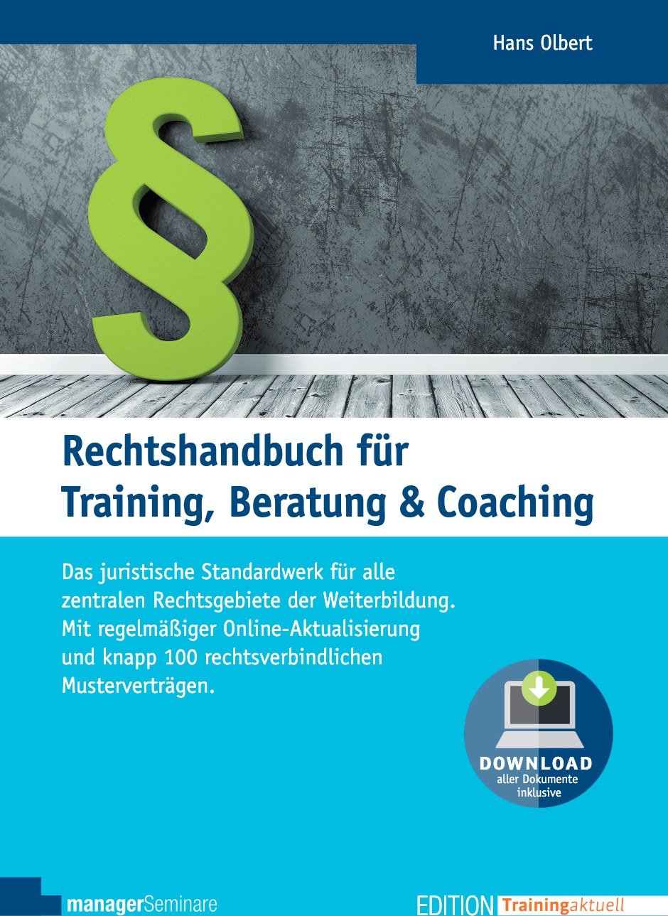 Buchcover: Rechtshandbuch für Training, Beratung und Coaching